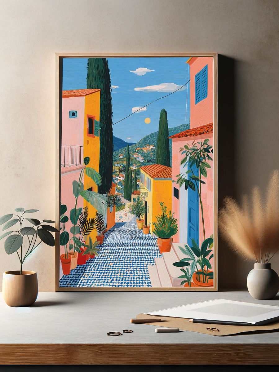 Mediterranean Village Street Illustration Poster. — room view 2