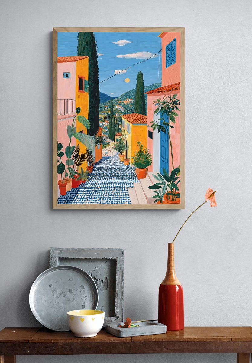 Mediterranean Village Street Illustration Poster. — room view 3