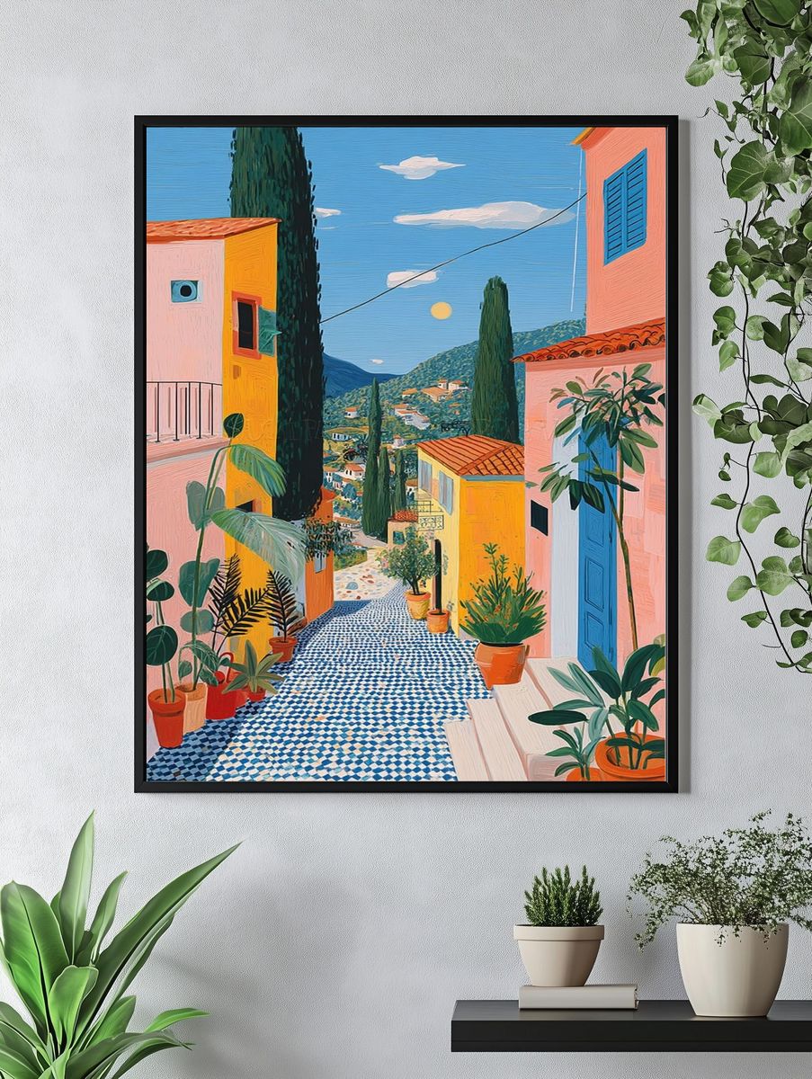 Mediterranean Village Street Illustration Poster. — room view 4