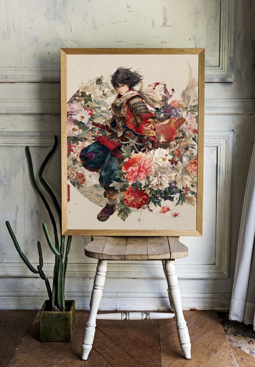 Samurai Floral Watercolor Print. room preview
