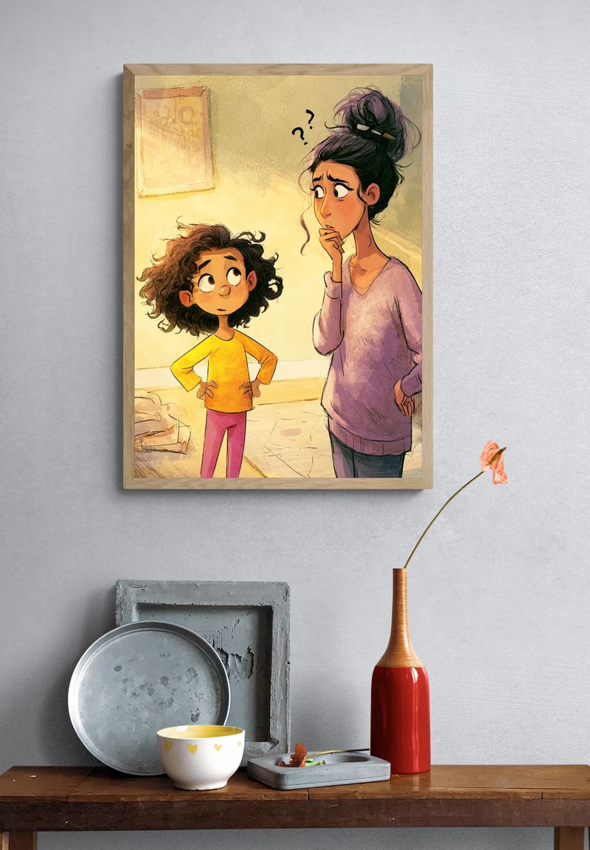 Confused Mother and Child Illustration Poster. — room view 3