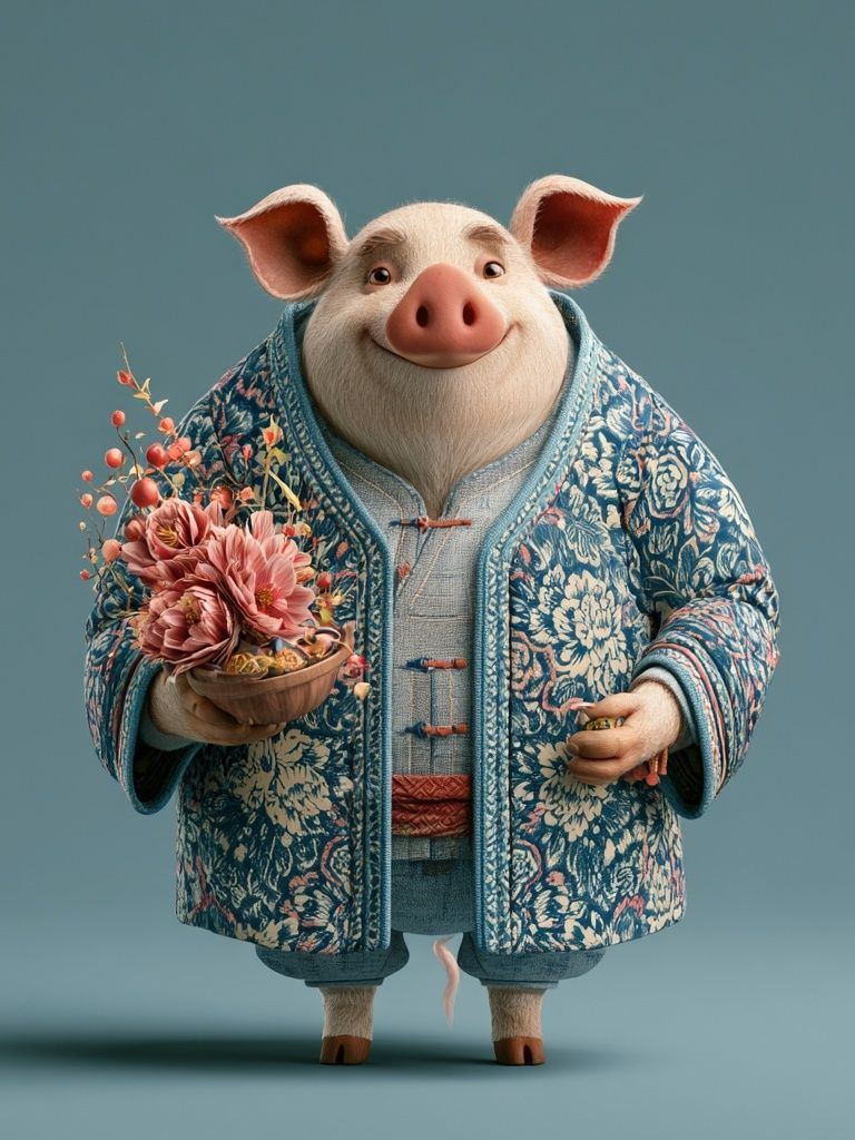 Floral Pig Portrait Illustration Poster. poster detail