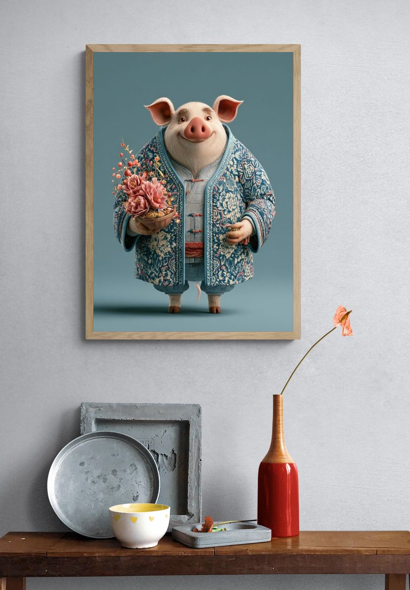 Floral Pig Portrait Illustration Poster. — room view 3