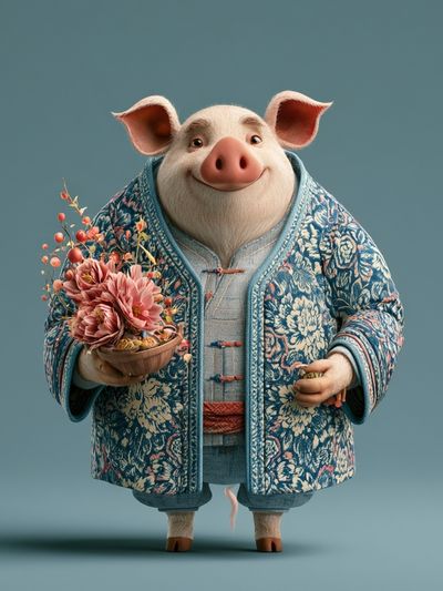 Floral Pig Portrait Illustration Poster.