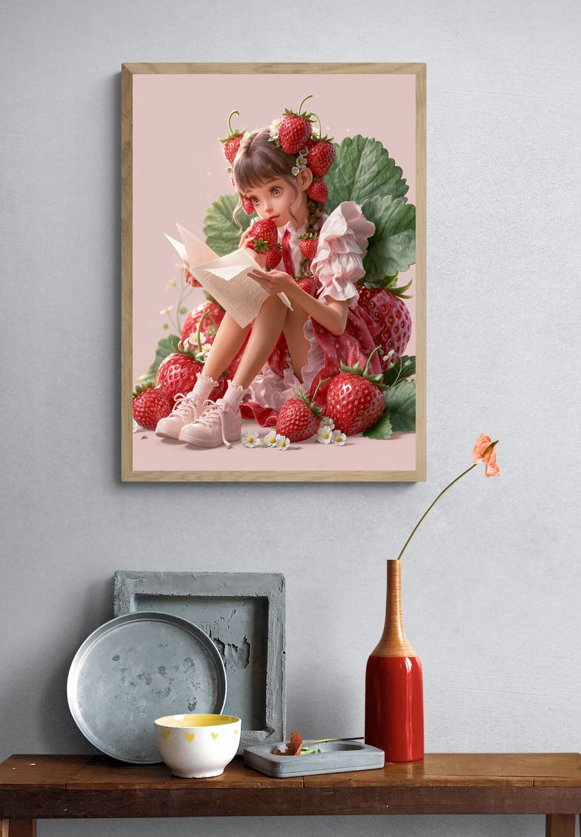 Strawberry Girl Digital Art Poster. — room view 3