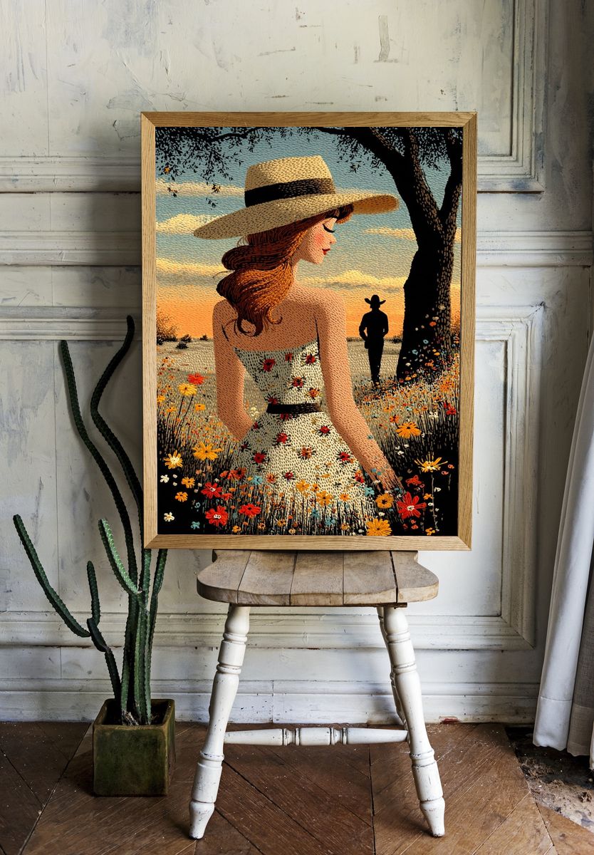 Sunlit Cowgirl Field Illustration Poster. — room view 1