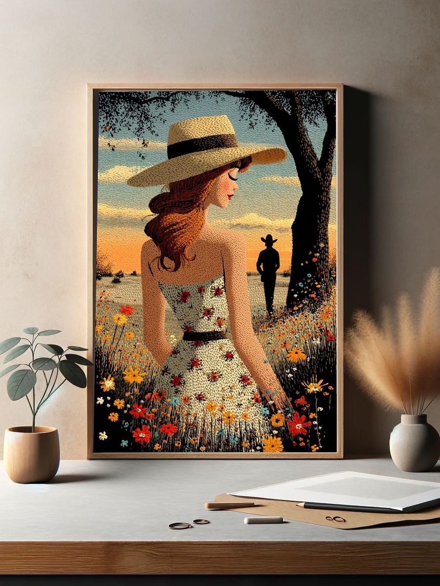 Sunlit Cowgirl Field Illustration Poster. — room view 2