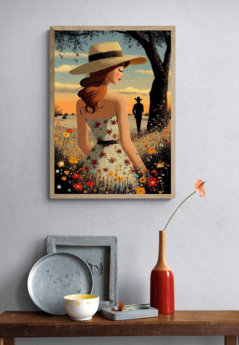 Sunlit Cowgirl Field Illustration Poster. — room view 3
