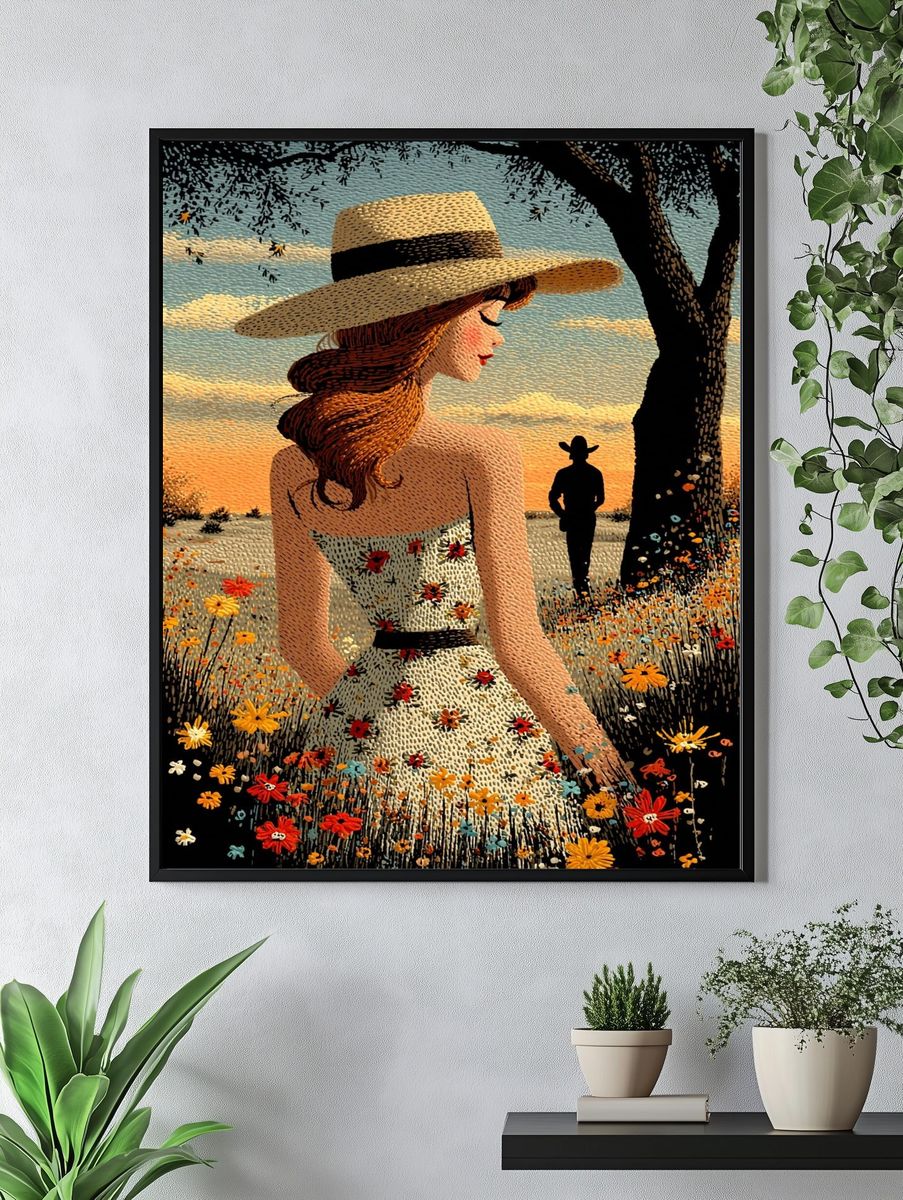 Sunlit Cowgirl Field Illustration Poster. — room view 4