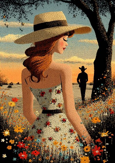 Sunlit Cowgirl Field Illustration Poster.
