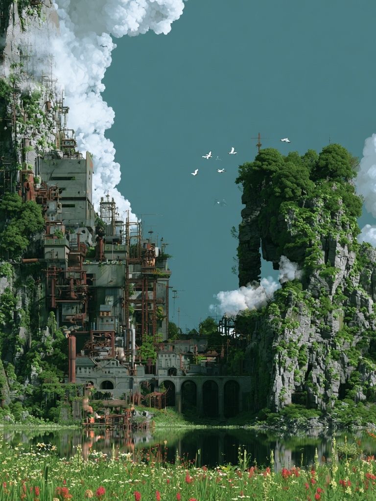 Floating Cliff Cityscape Illustration Poster. poster — illustration art