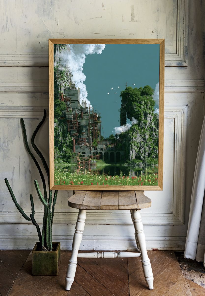 Floating Cliff Cityscape Illustration Poster. room preview