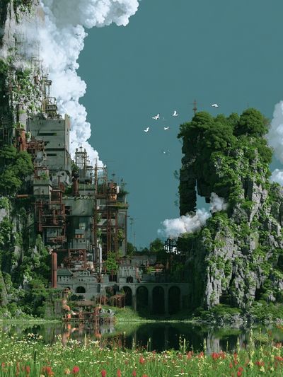 Floating Cliff Cityscape Illustration Poster.