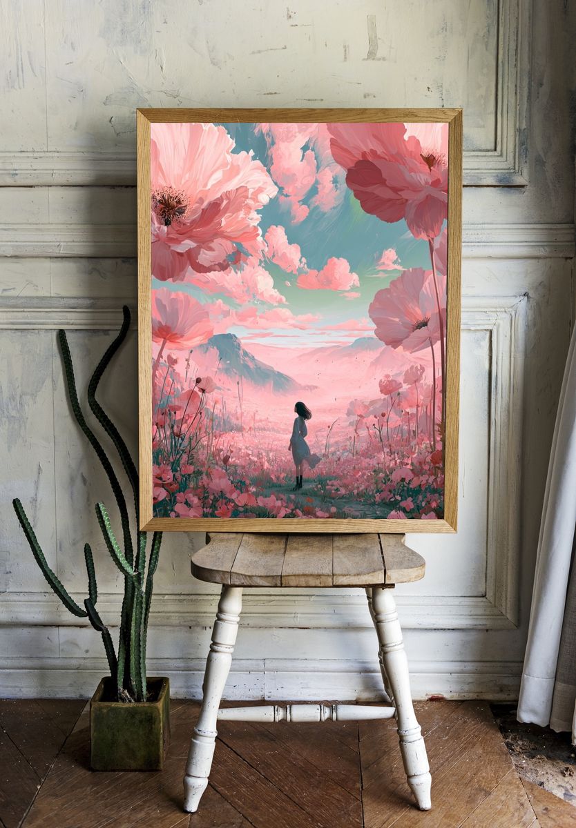 Pink Blossom Dreamscape Illustration Poster. room preview