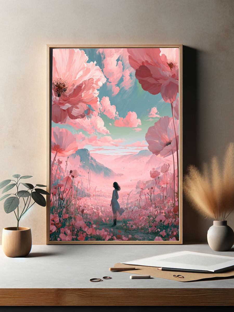 Pink Blossom Dreamscape Illustration Poster. — room view 2