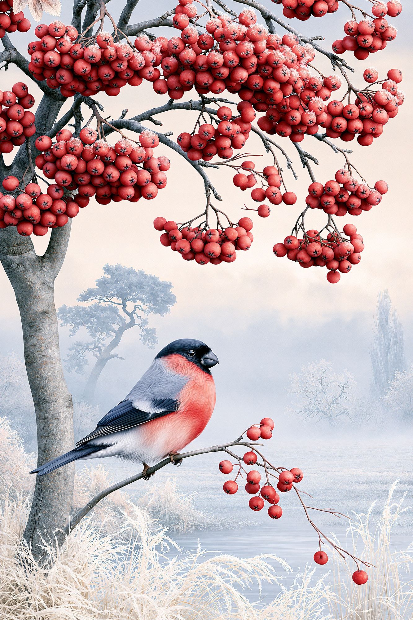 Winter Rowan Bird Illustration Poster. poster detail