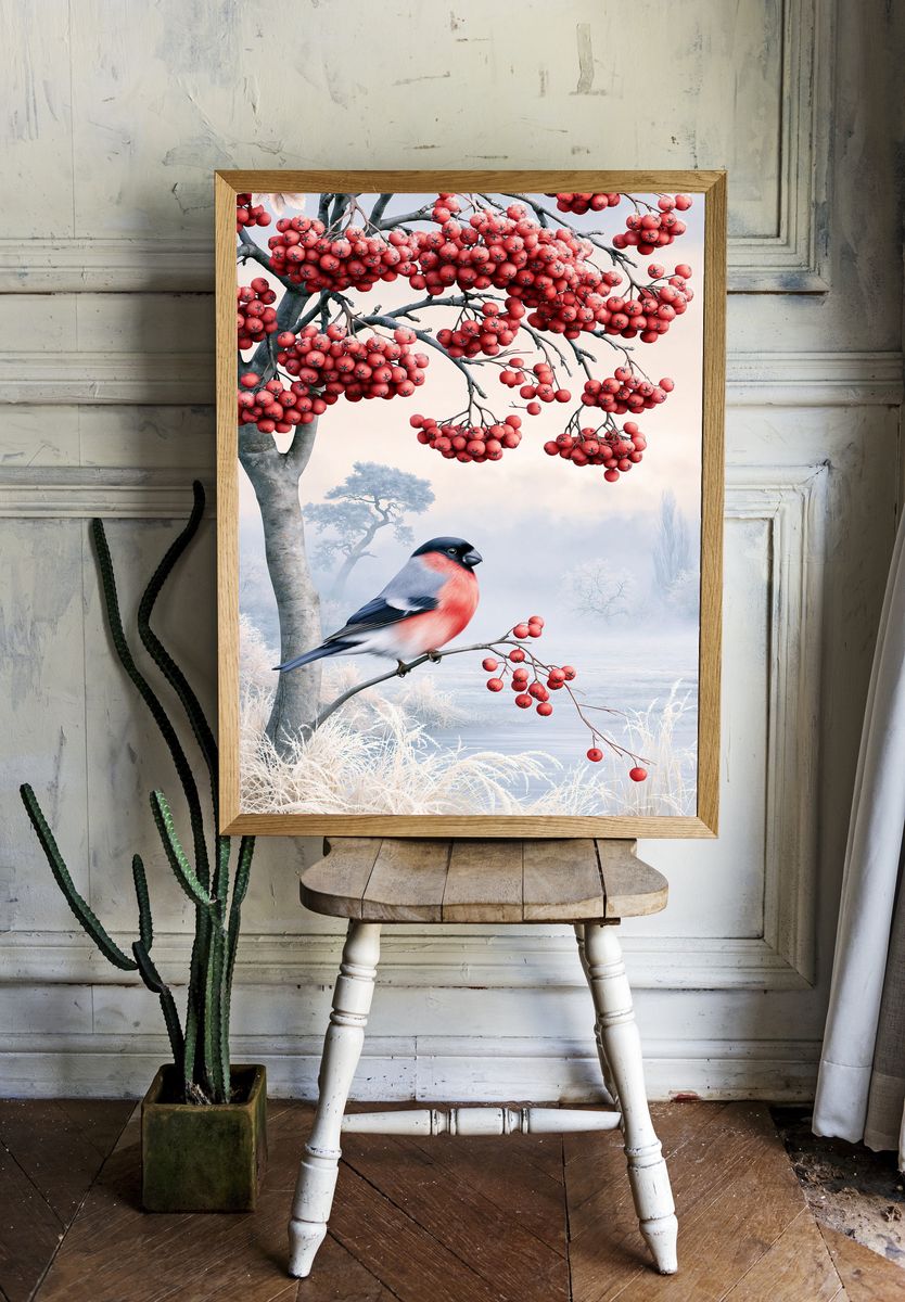 Winter Rowan Bird Illustration Poster. — room view 1