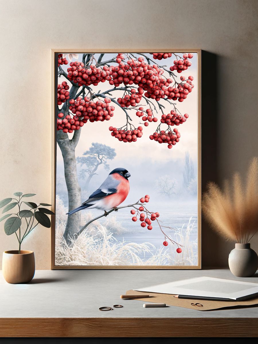 Winter Rowan Bird Illustration Poster. — room view 2
