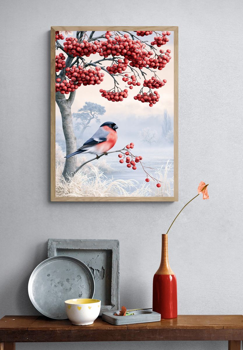 Winter Rowan Bird Illustration Poster. — room view 3