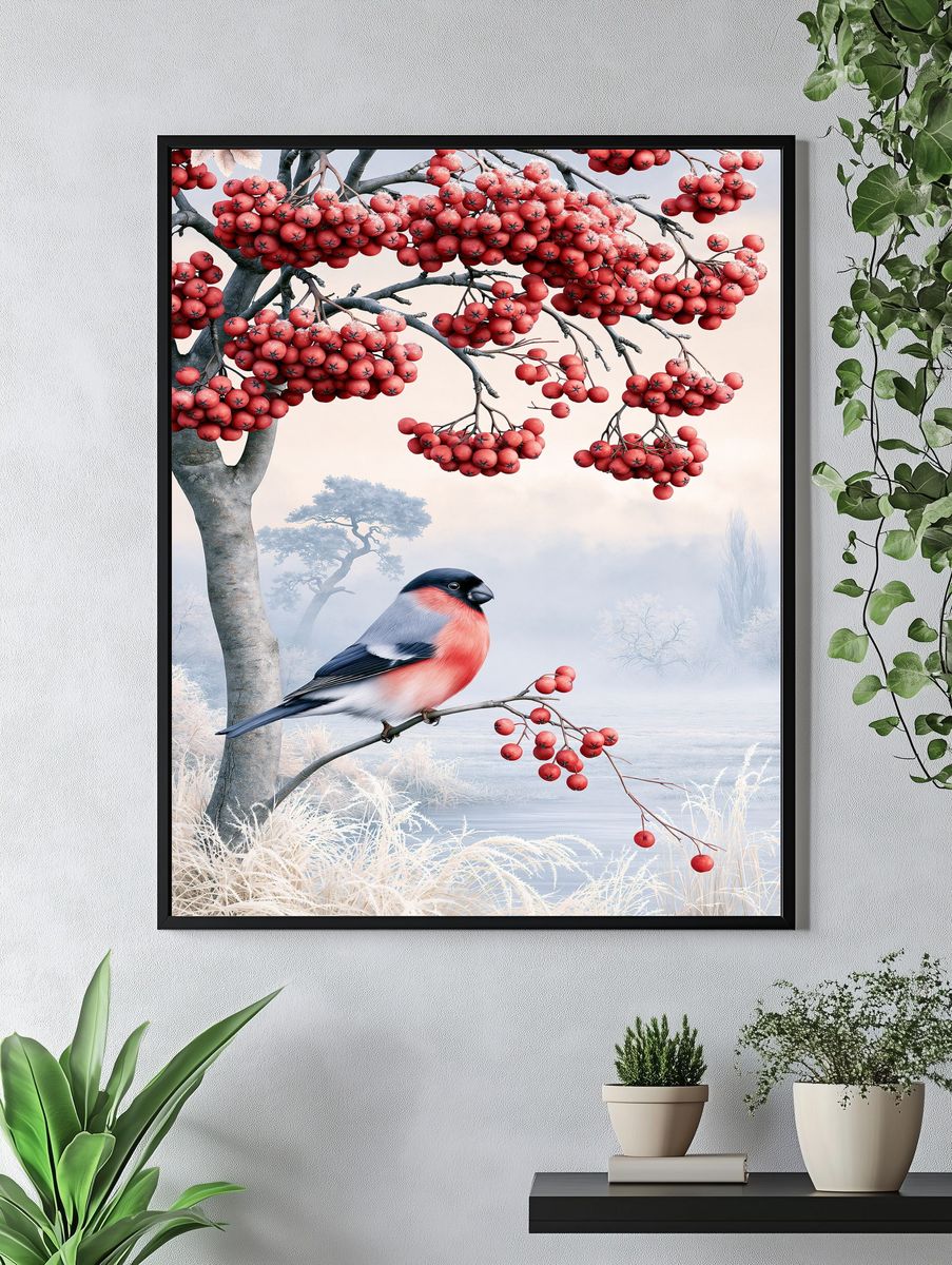 Winter Rowan Bird Illustration Poster. — room view 4