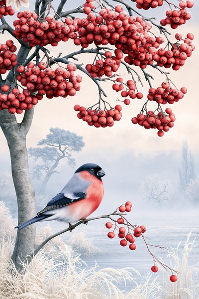 Winter Rowan Bird Illustration Poster.