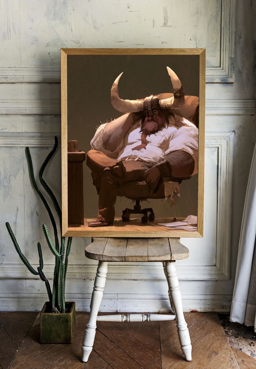 Bull Office Scene Illustration Poster. — room view 1