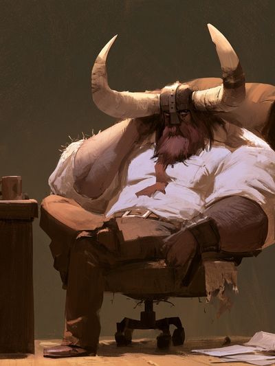 Bull Office Scene Illustration Poster.
