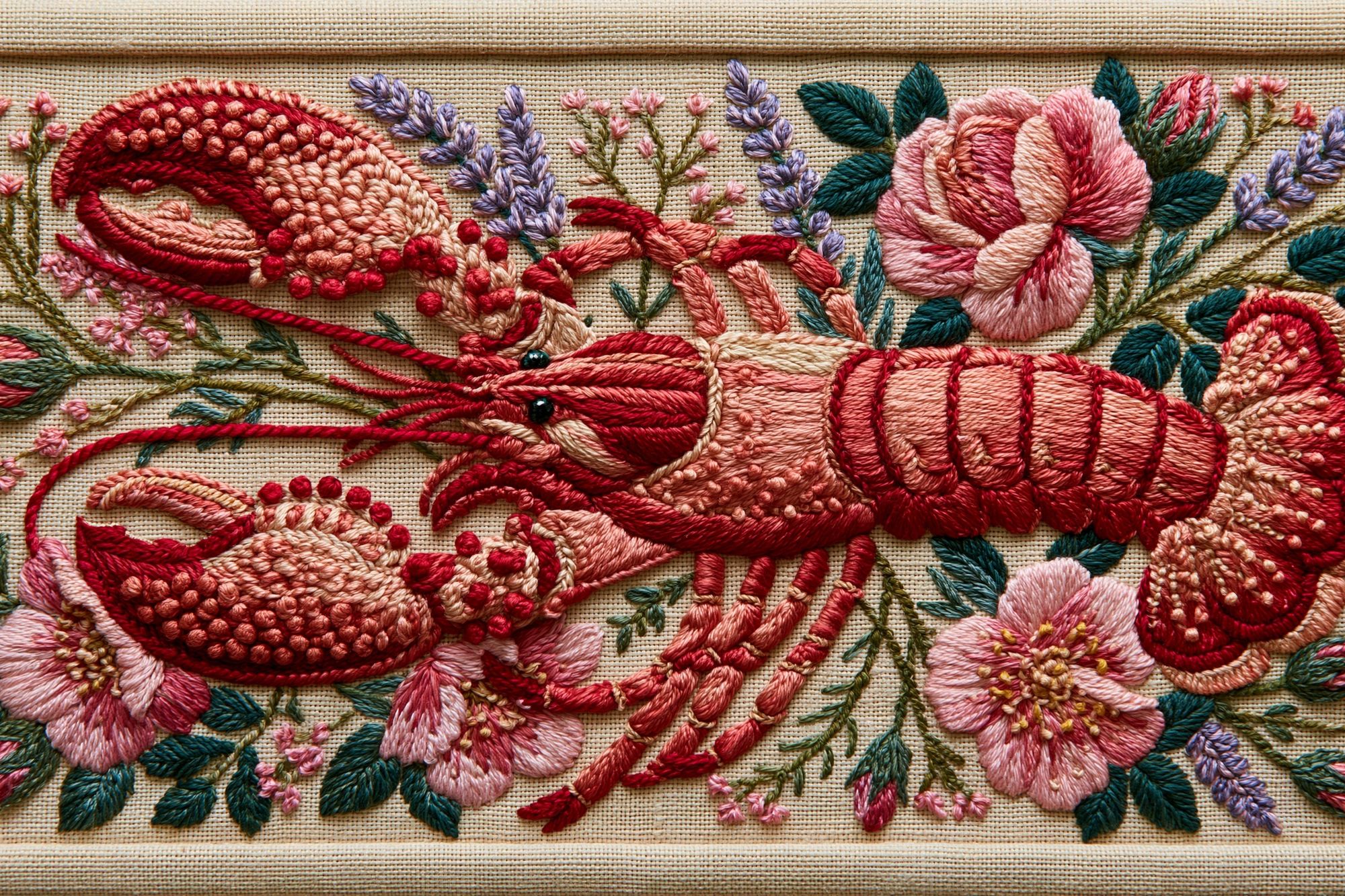 Embroidered Lobster Floral Poster. poster — illustration art