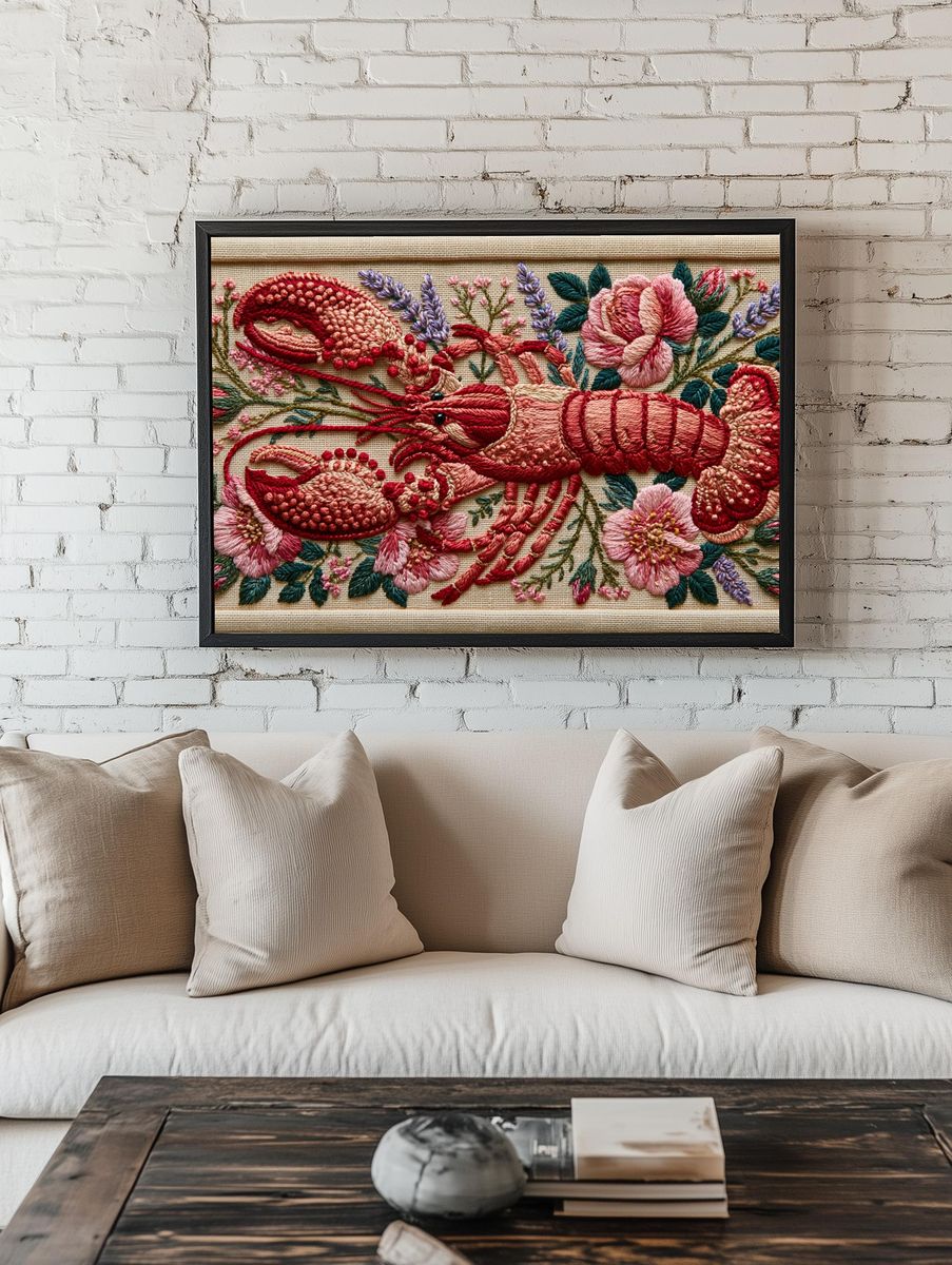 Embroidered Lobster Floral Poster. room preview