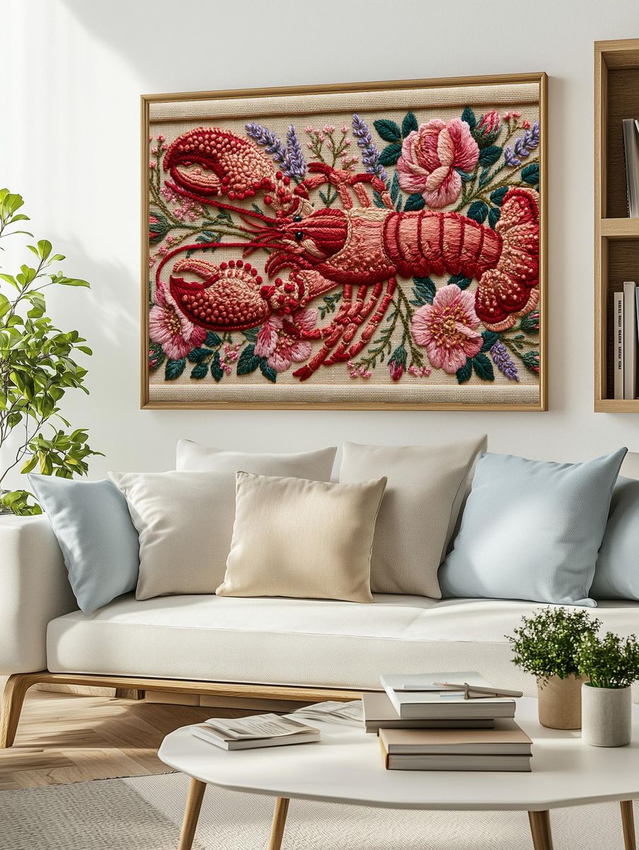 Embroidered Lobster Floral Poster. — room view 2