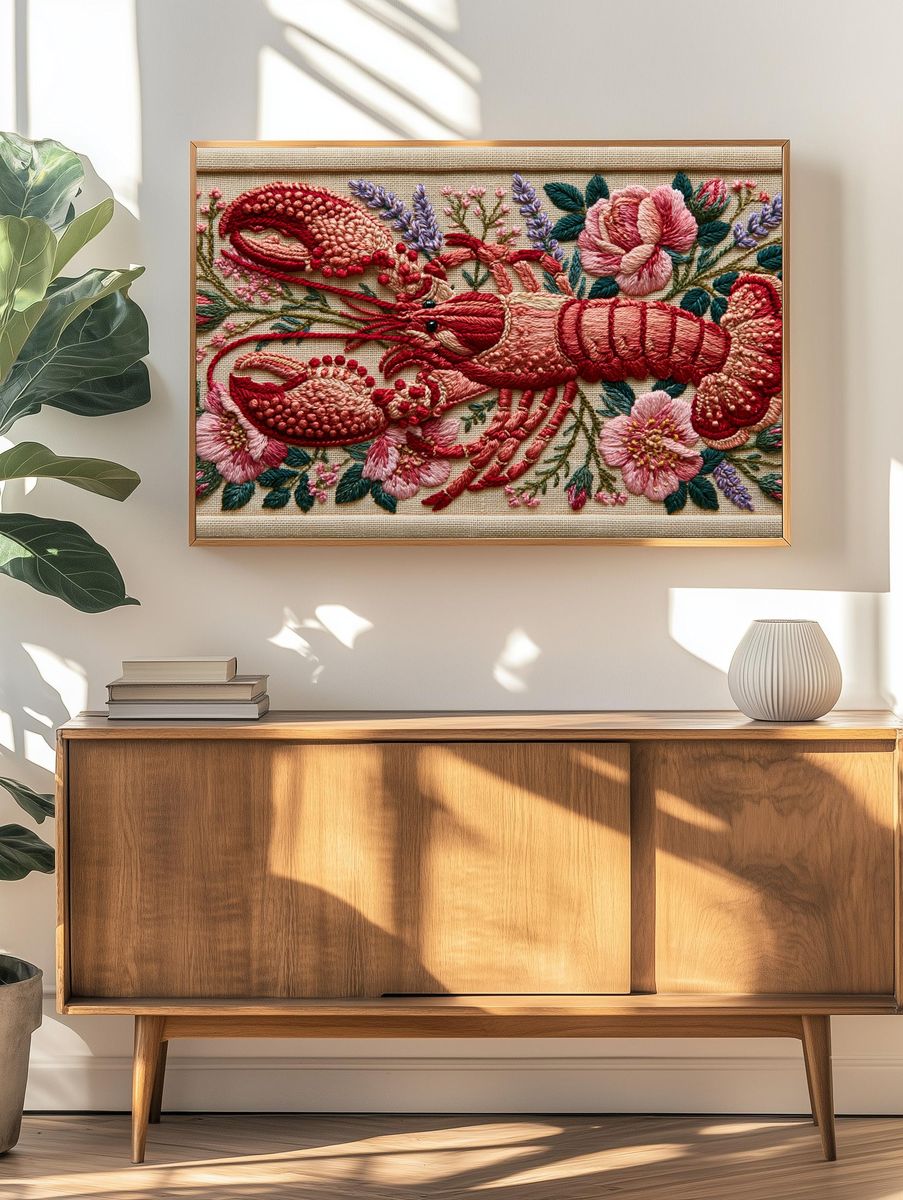 Embroidered Lobster Floral Poster. — room view 3