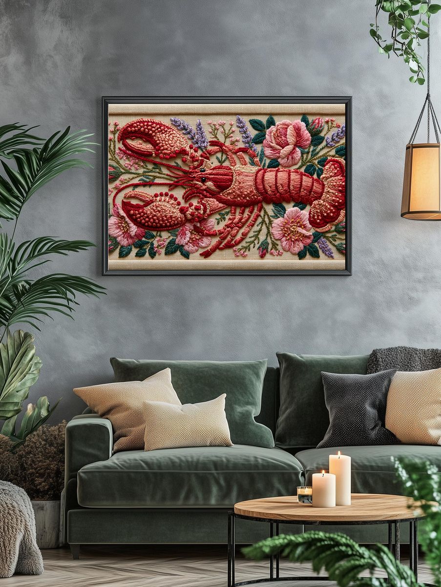 Embroidered Lobster Floral Poster. — room view 4