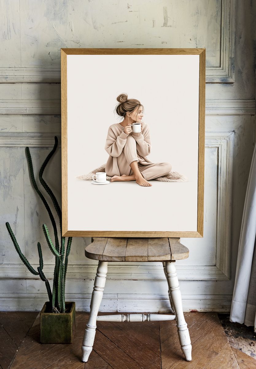 Cozy Coffee Woman Illustration Poster. room preview