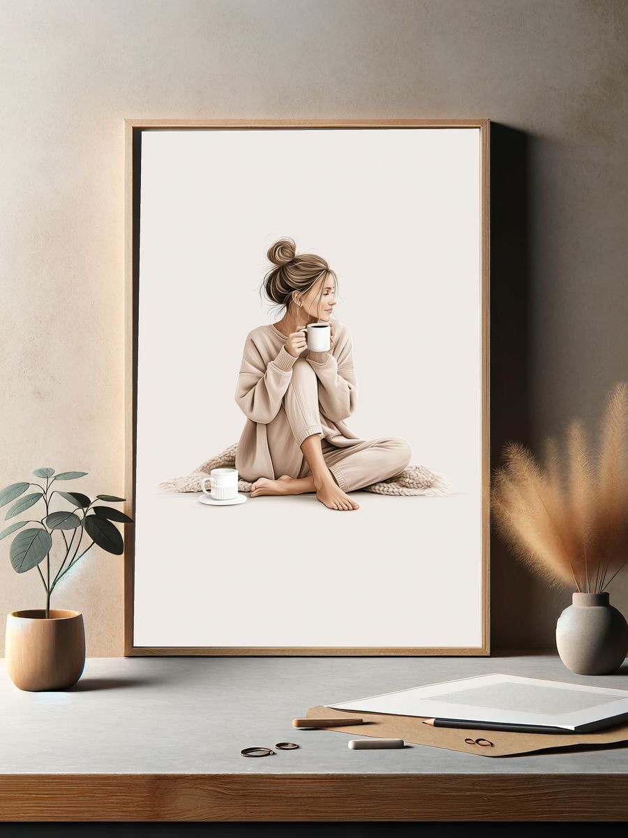 Cozy Coffee Woman Illustration Poster. — room view 2