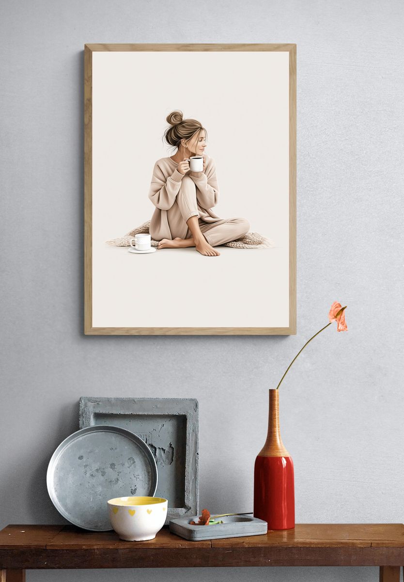 Cozy Coffee Woman Illustration Poster. — room view 3