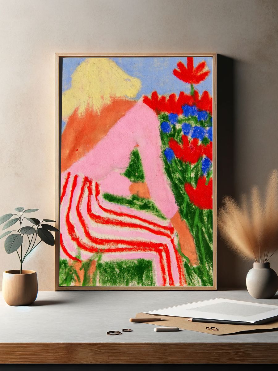 Seated Figure in Flowers Illustration Poster. — room view 2