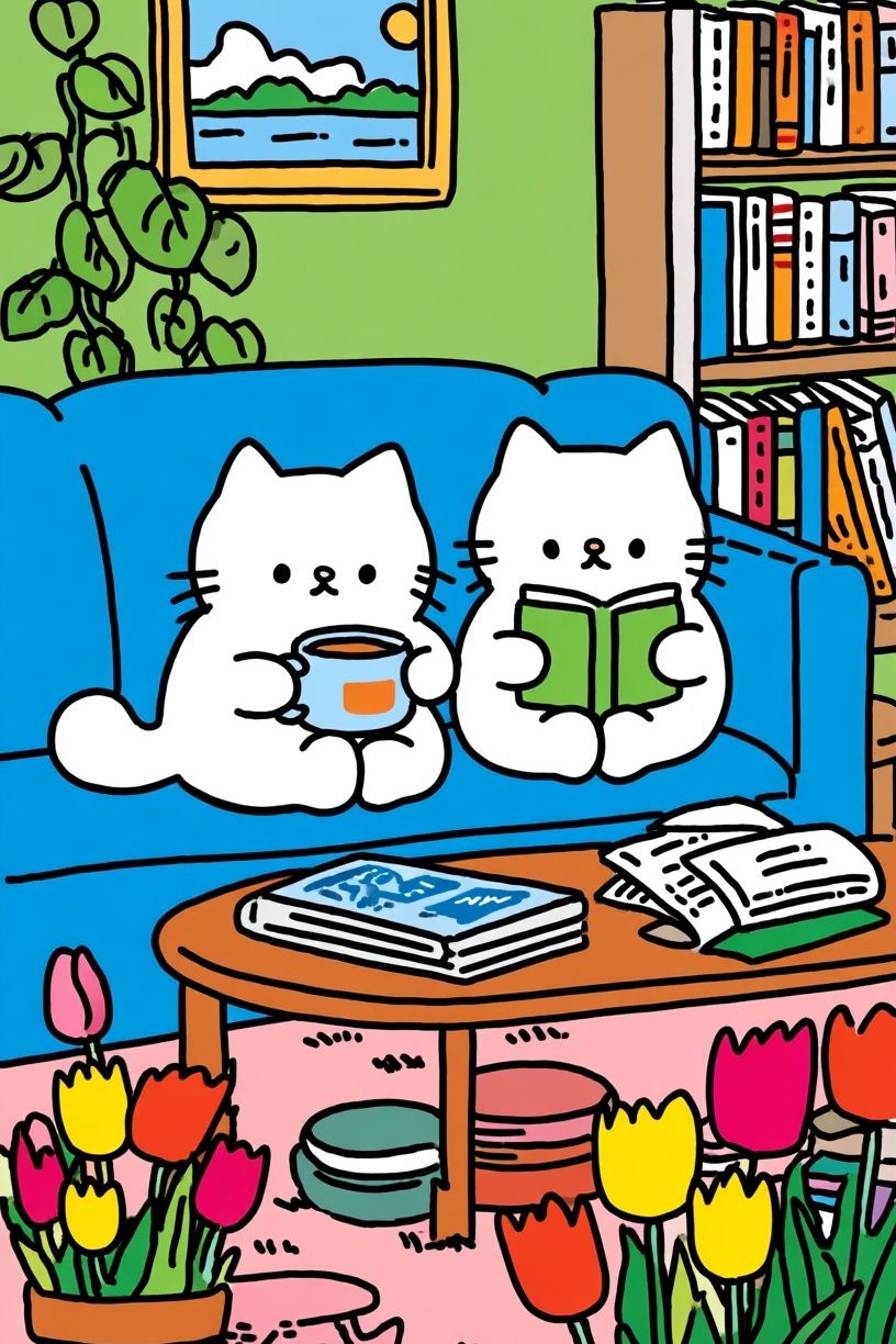 Cozy Cat Reading Room Illustration Poster. poster — illustration art