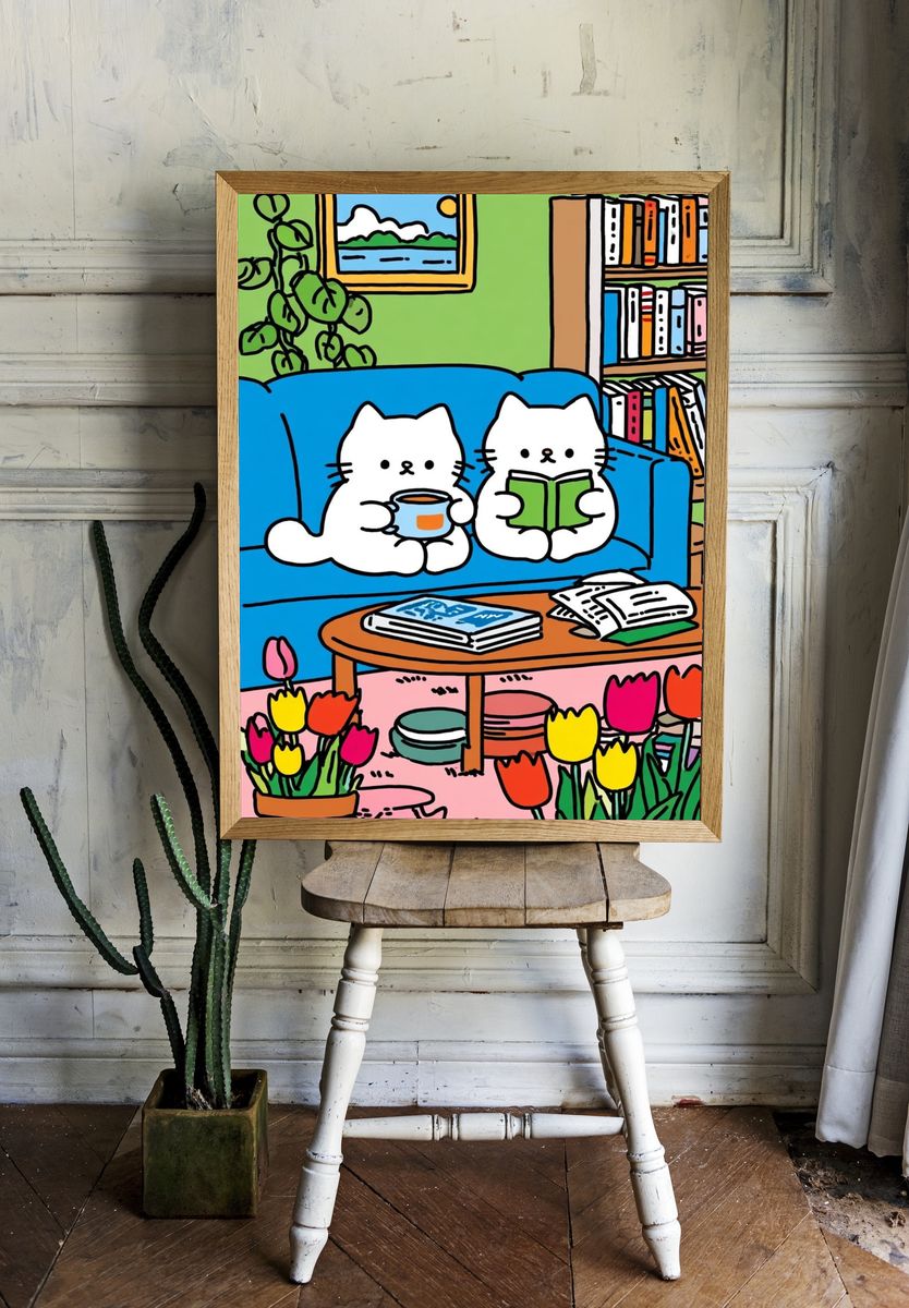 Cozy Cat Reading Room Illustration Poster. room preview