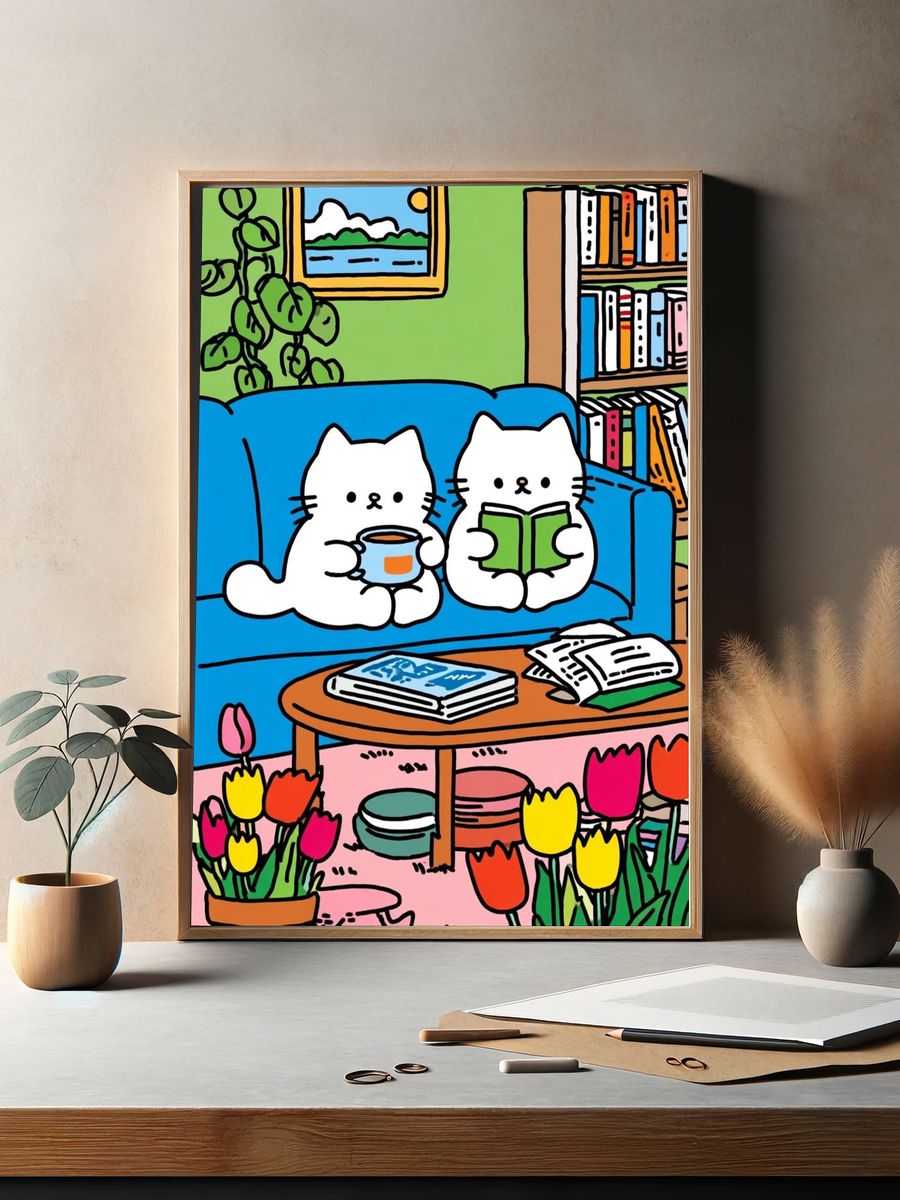 Cozy Cat Reading Room Illustration Poster. — room view 2