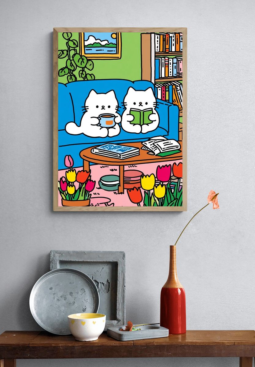 Cozy Cat Reading Room Illustration Poster. — room view 3