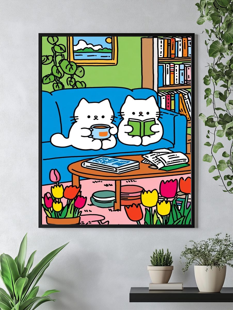 Cozy Cat Reading Room Illustration Poster. — room view 4
