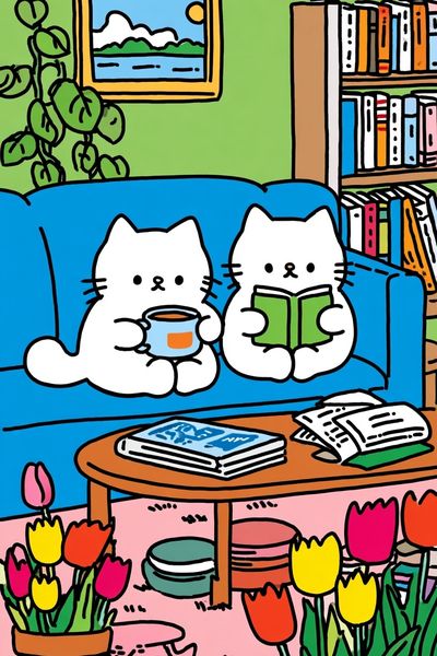 Cozy Cat Reading Room Illustration Poster.