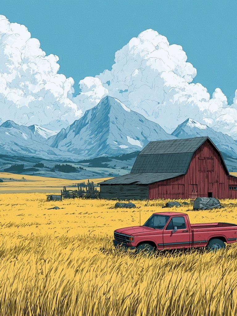 Mountain Farm Landscape Illustration Poster. poster detail