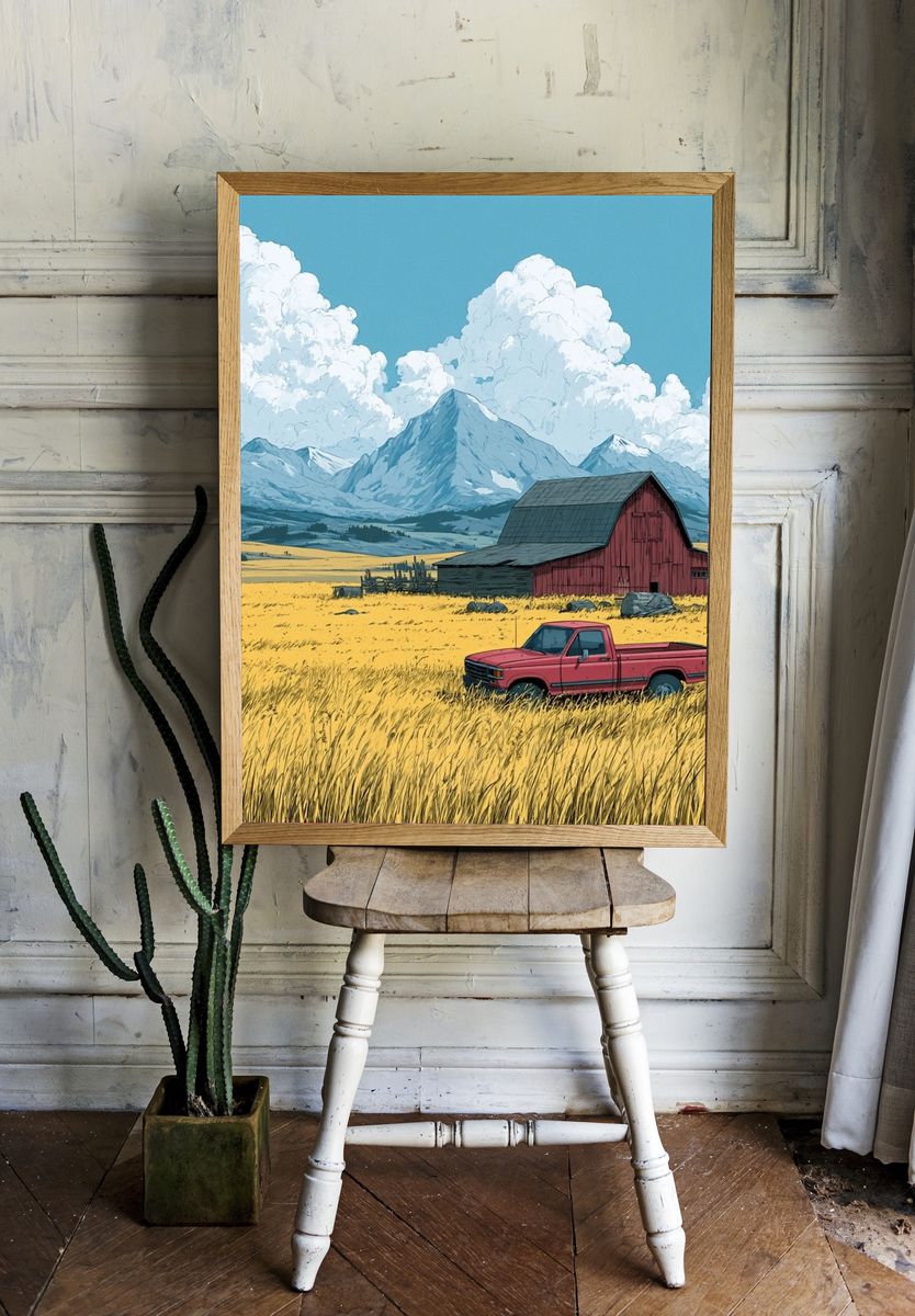 Mountain Farm Landscape Illustration Poster. room preview