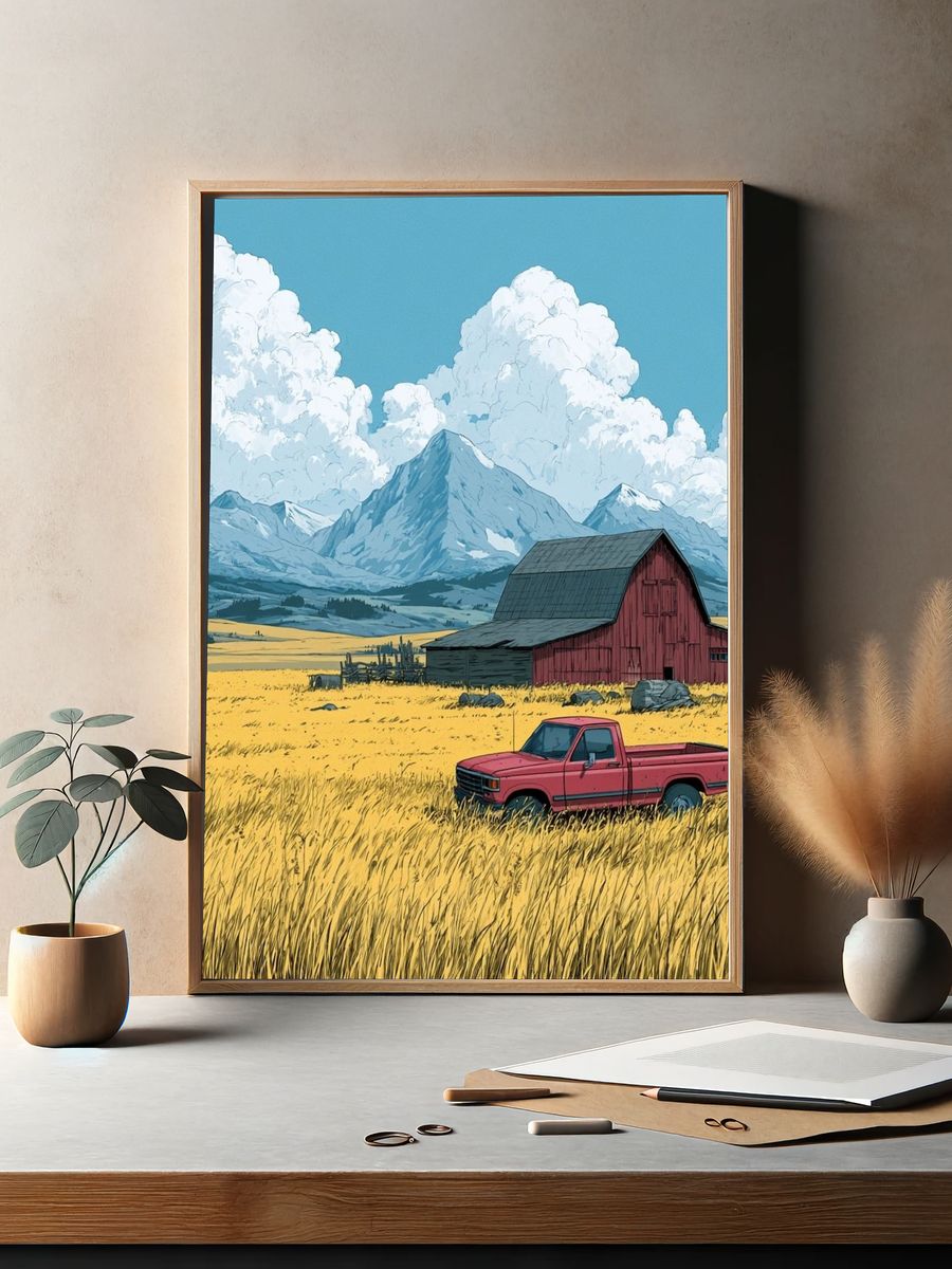 Mountain Farm Landscape Illustration Poster. — room view 2