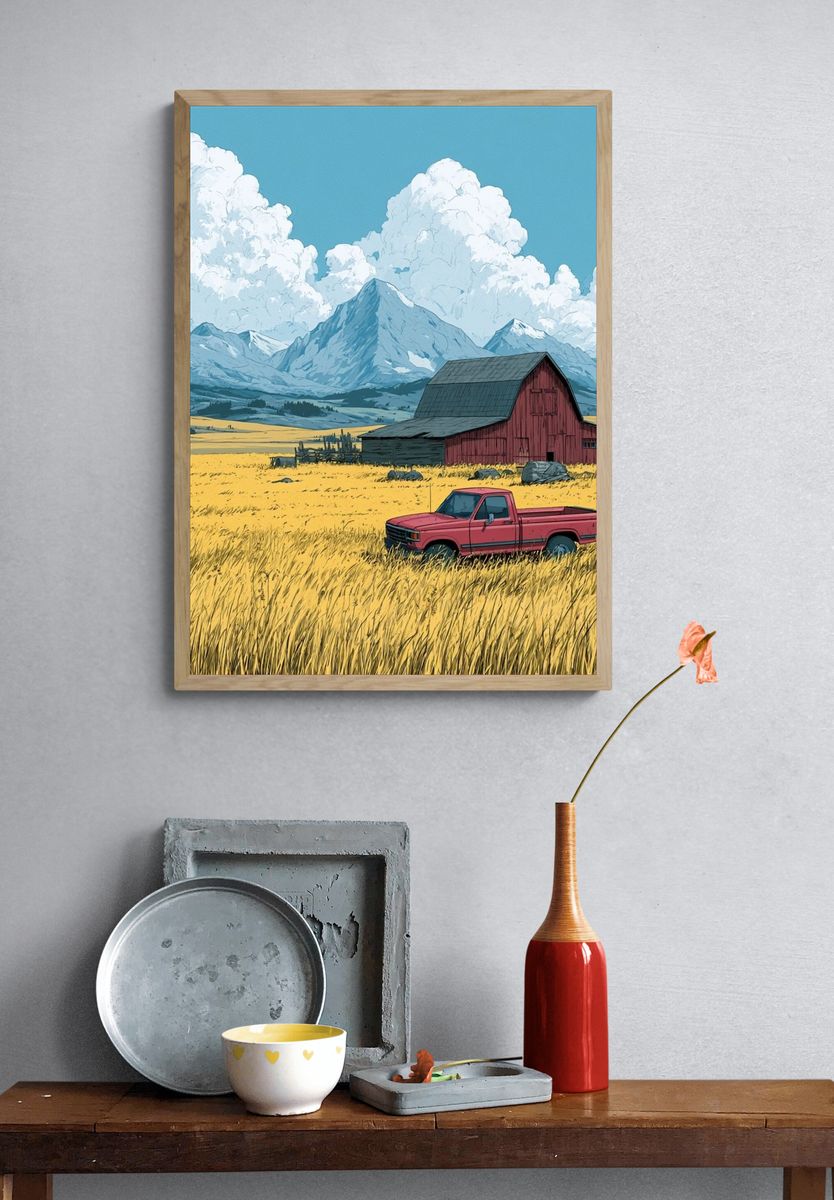 Mountain Farm Landscape Illustration Poster. — room view 3