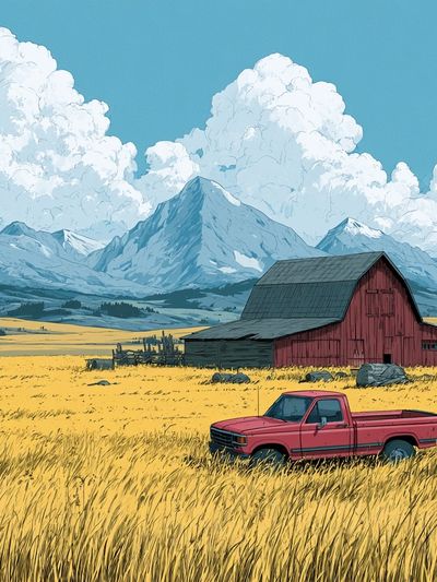 Mountain Farm Landscape Illustration Poster.