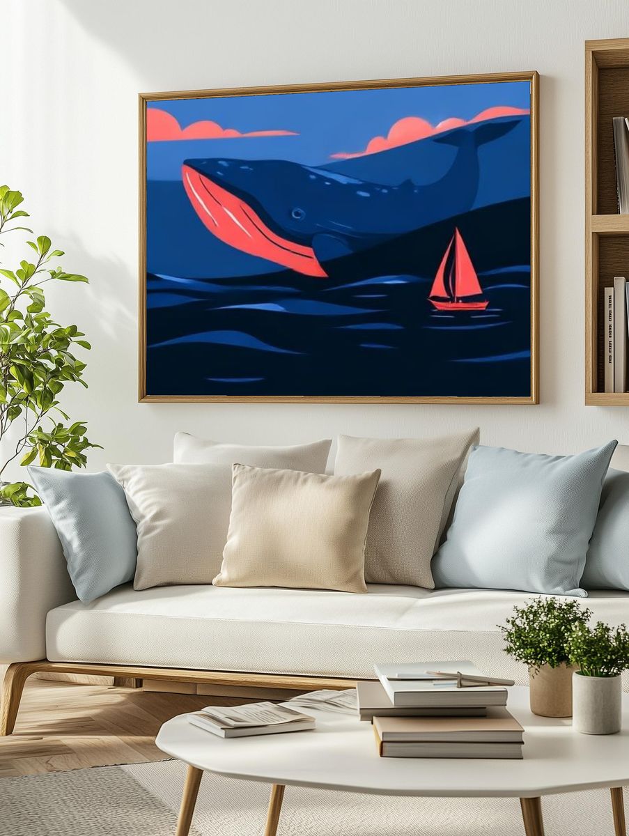 Whale and Sailboat Digital Art Poster. — room view 2