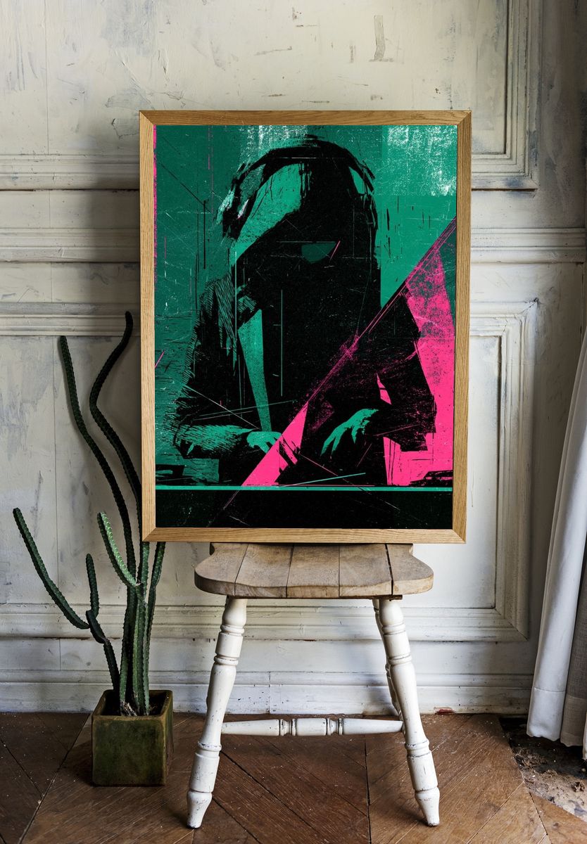 Neon Hooded Figure — Digital Art Print. room preview
