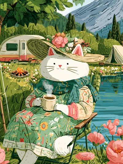 Cat Camping Illustration Poster. poster